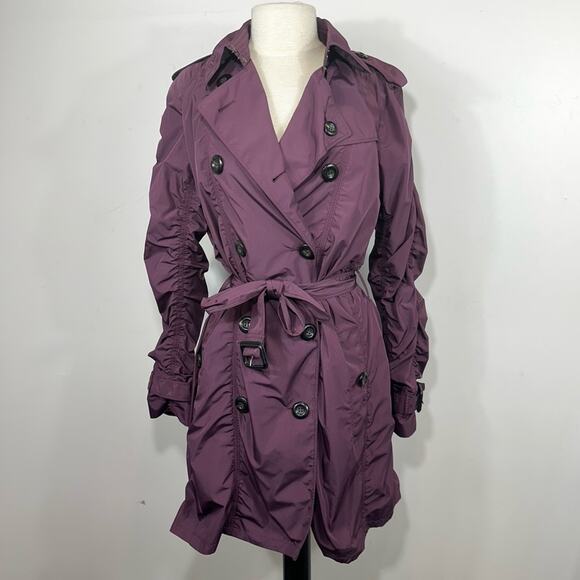 Burberry London Ruched Taffeta Double Breasted Lightweight Trench Coat Purple 12 - Picture 1 of 16